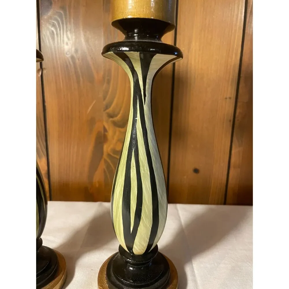 Pair of hand-painted wooden candlesticks